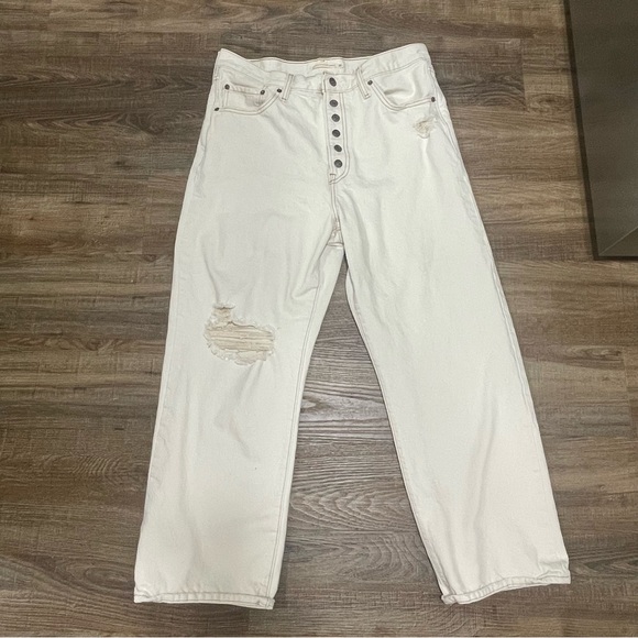 Levis‎ Snap Ribcage Straight Ankle Jeans Off-White Ripped Women's 32 - Picture 1 of 12